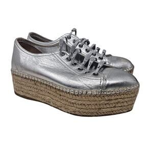 Miu Miu 38 Silver Metallic Leather Platform Espadrille Lace Up Boho Coastal